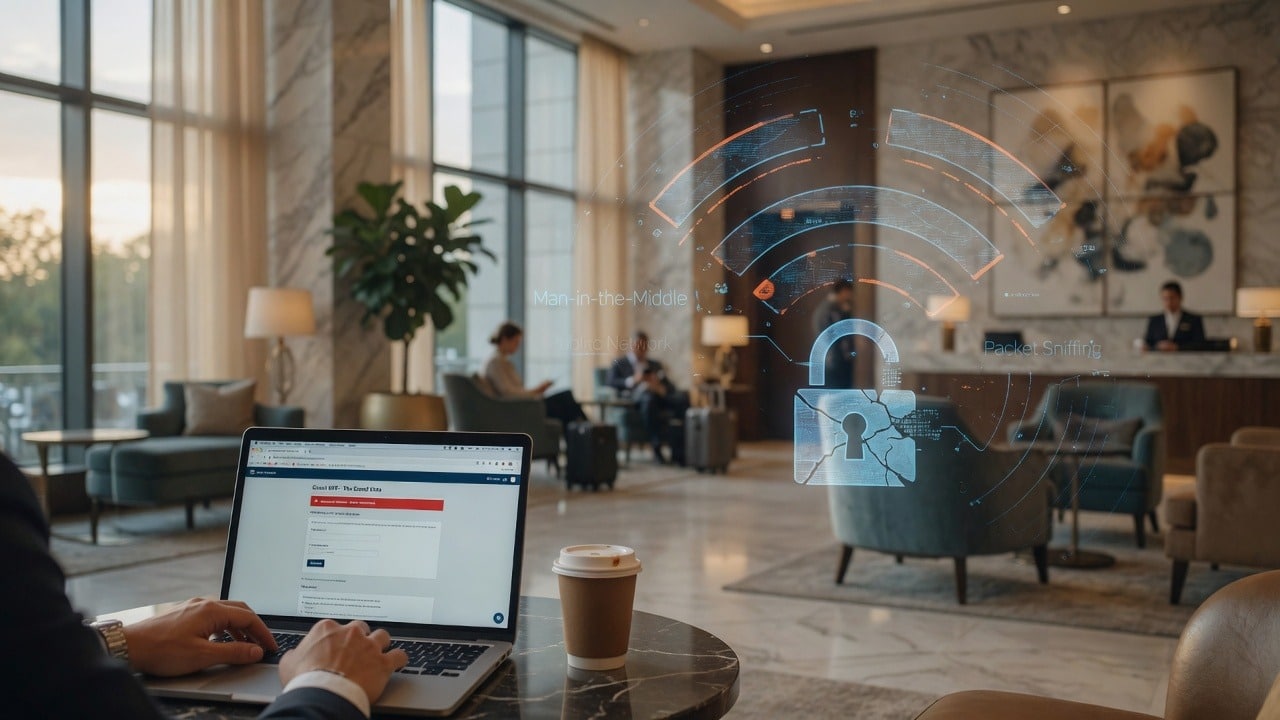 Hotel Wi-Fi and Microsoft 365: How Travelers Get Account Takeovers 1 Illustration of using a laptop on public hotel Wi-Fi