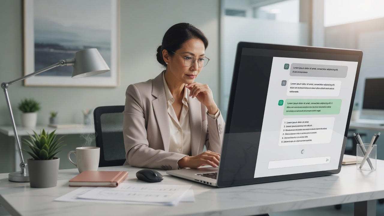 Small business AI tools on a laptop in a modern office