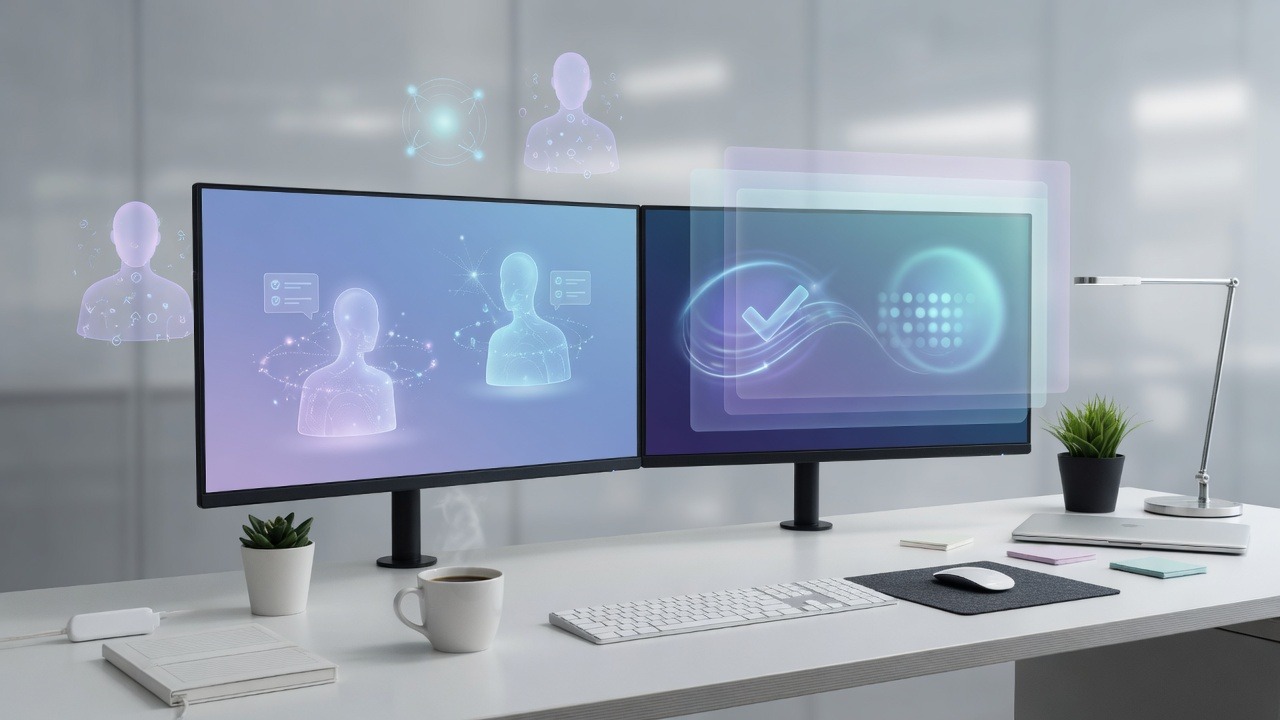 Microsoft 365 Copilot and productivity AI on dual monitors