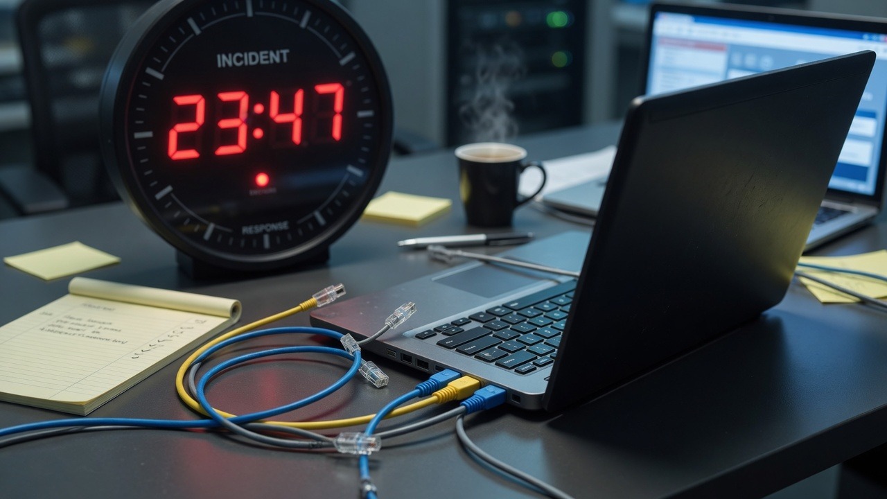 Ransomware first-hour IT emergency response on a desk