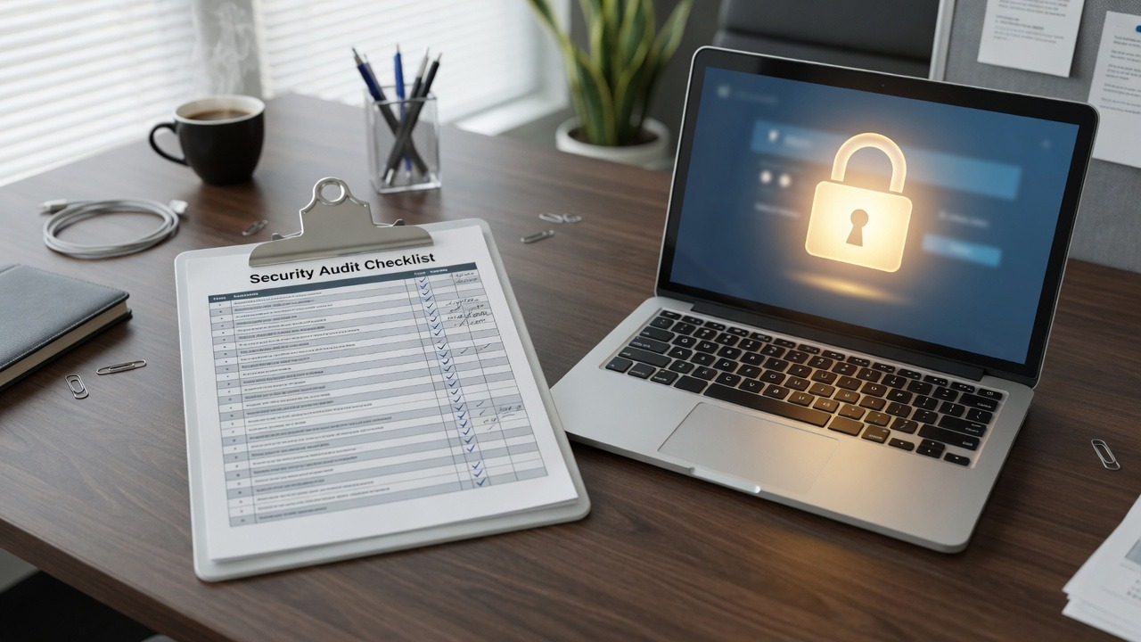 Small business security audit checklist on a desk