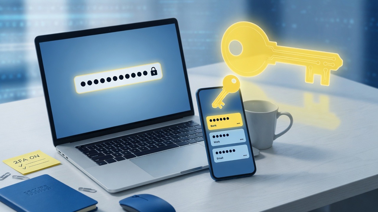 Proper Password Etiquette for Work and Home 1 Password security — laptop and phone on a clean desk