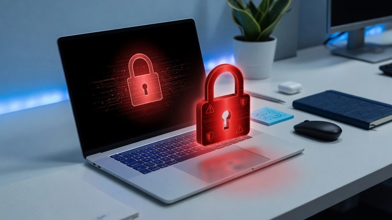 Ransomware concept — locked laptop on an office desk