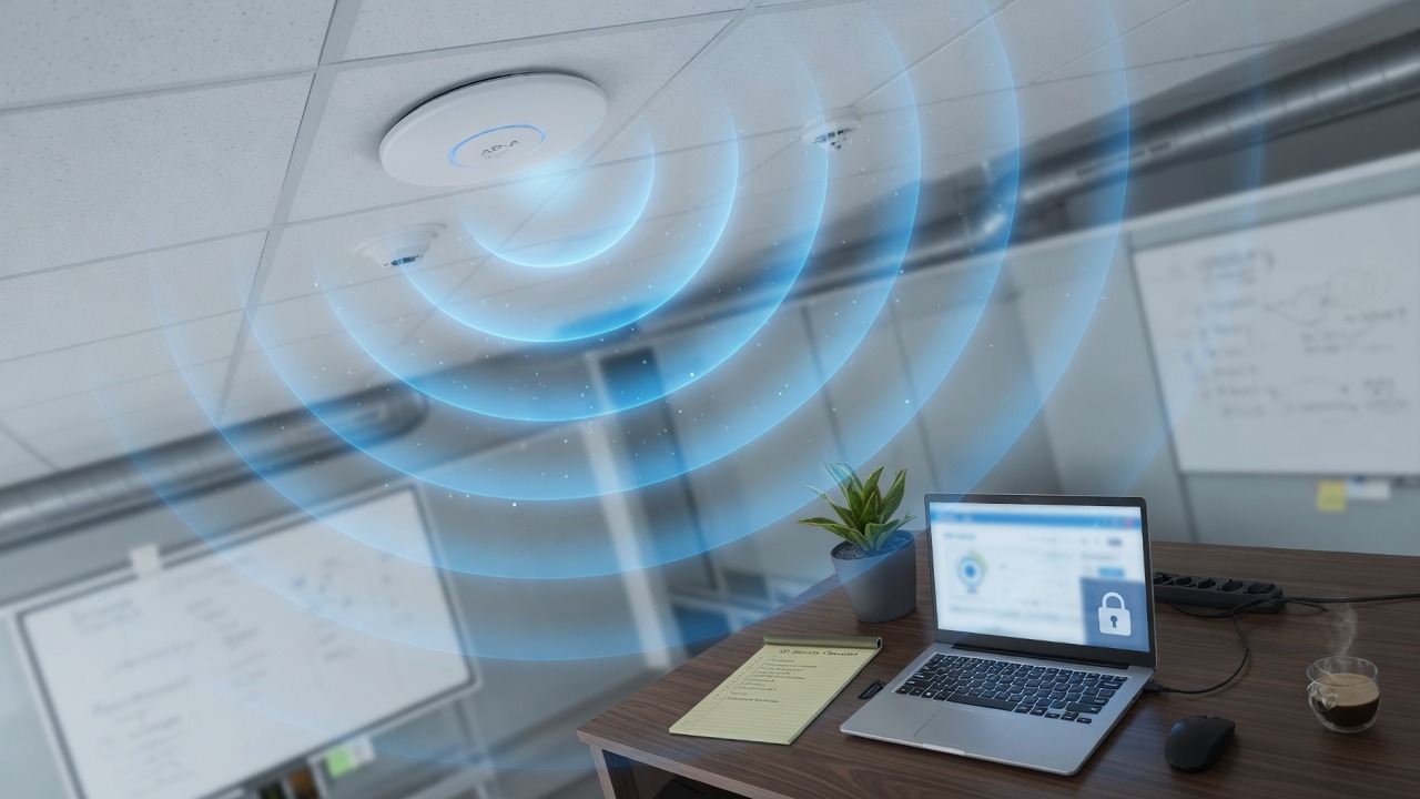 Business Wi-Fi Security Basics Every Office Should Follow 1 Business Wi-Fi security — access point and laptop
