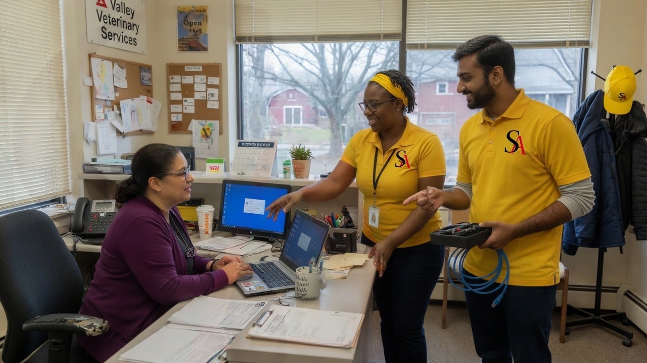 SabatAge technicians on-site in yellow polos—contact us