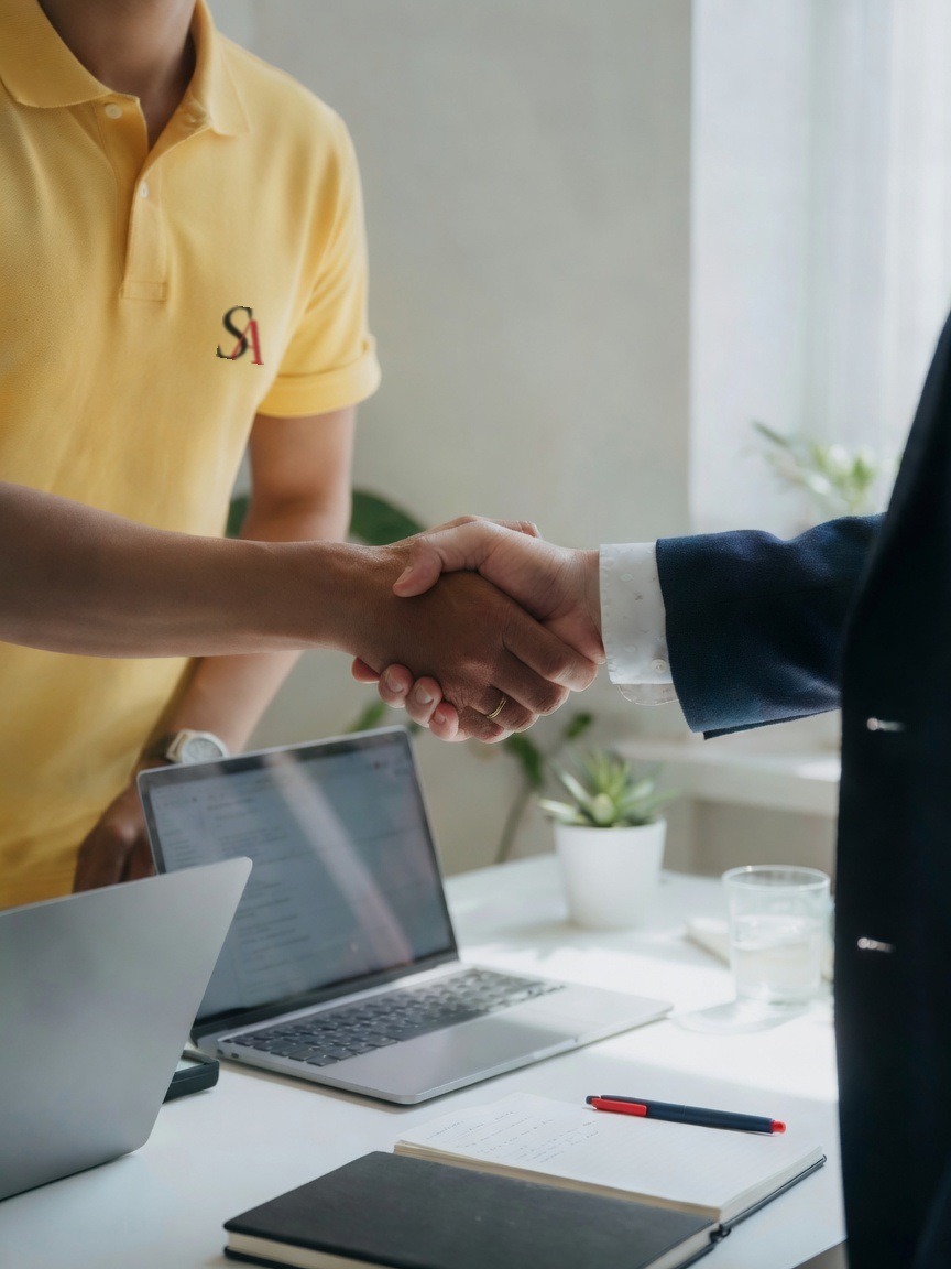 Core values in action—SabatAge technician and client handshake, trust and integrity