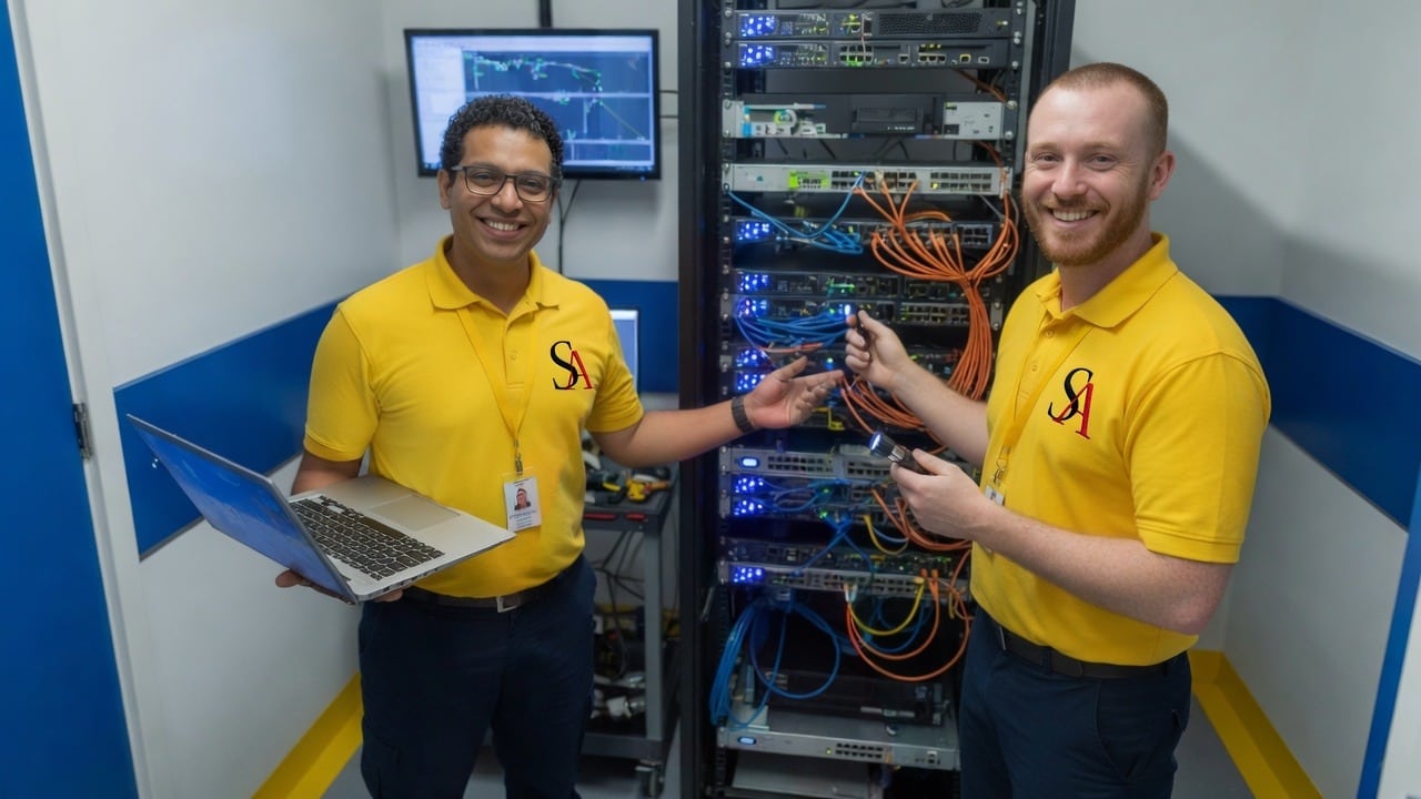 SabatAge technicians in yellow company polos with SA logo by a network server rack