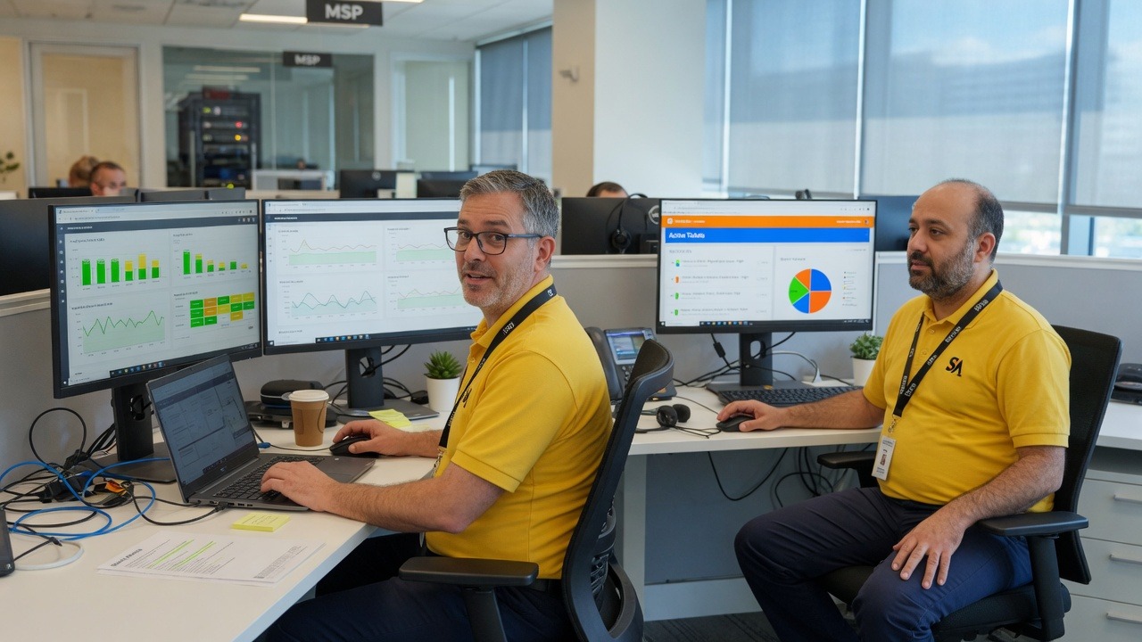 SabatAge managed IT technicians working at monitoring desks in yellow company polos