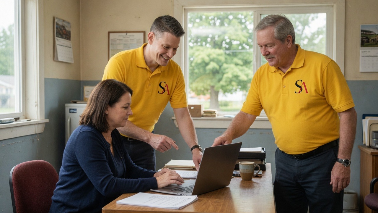 Jeff Sabat and Don Dambois in yellow SA-logo polos working with a small-business client