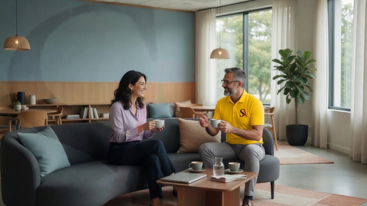 SabatAge consultant in yellow polo meeting a happy client